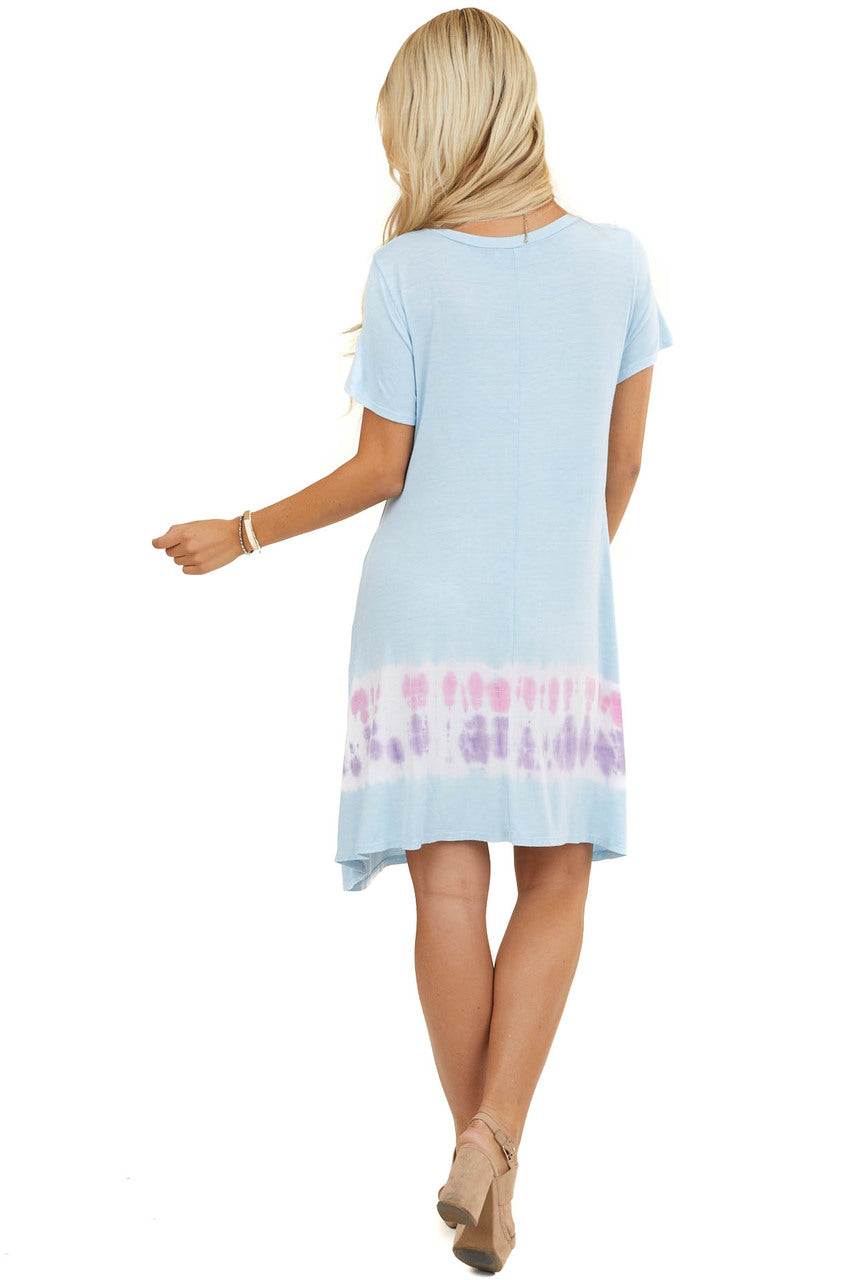 Baby Blue Tie Dye Short Sleeve Swing Knit Dress with Pockets 