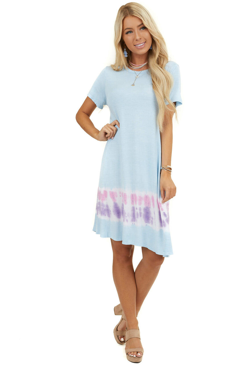 Baby Blue Tie Dye Short Sleeve Swing Knit Dress with Pockets 
