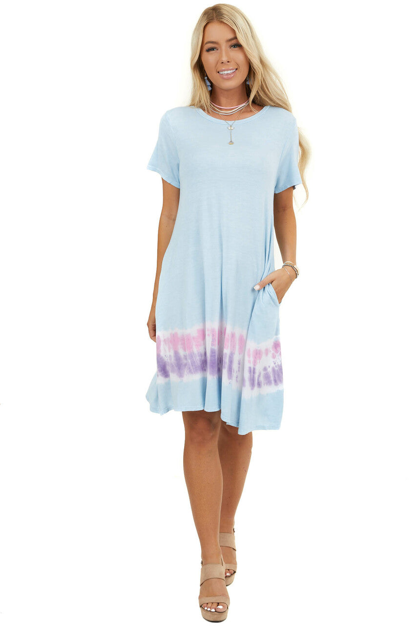 Baby Blue Tie Dye Short Sleeve Swing Knit Dress with Pockets 