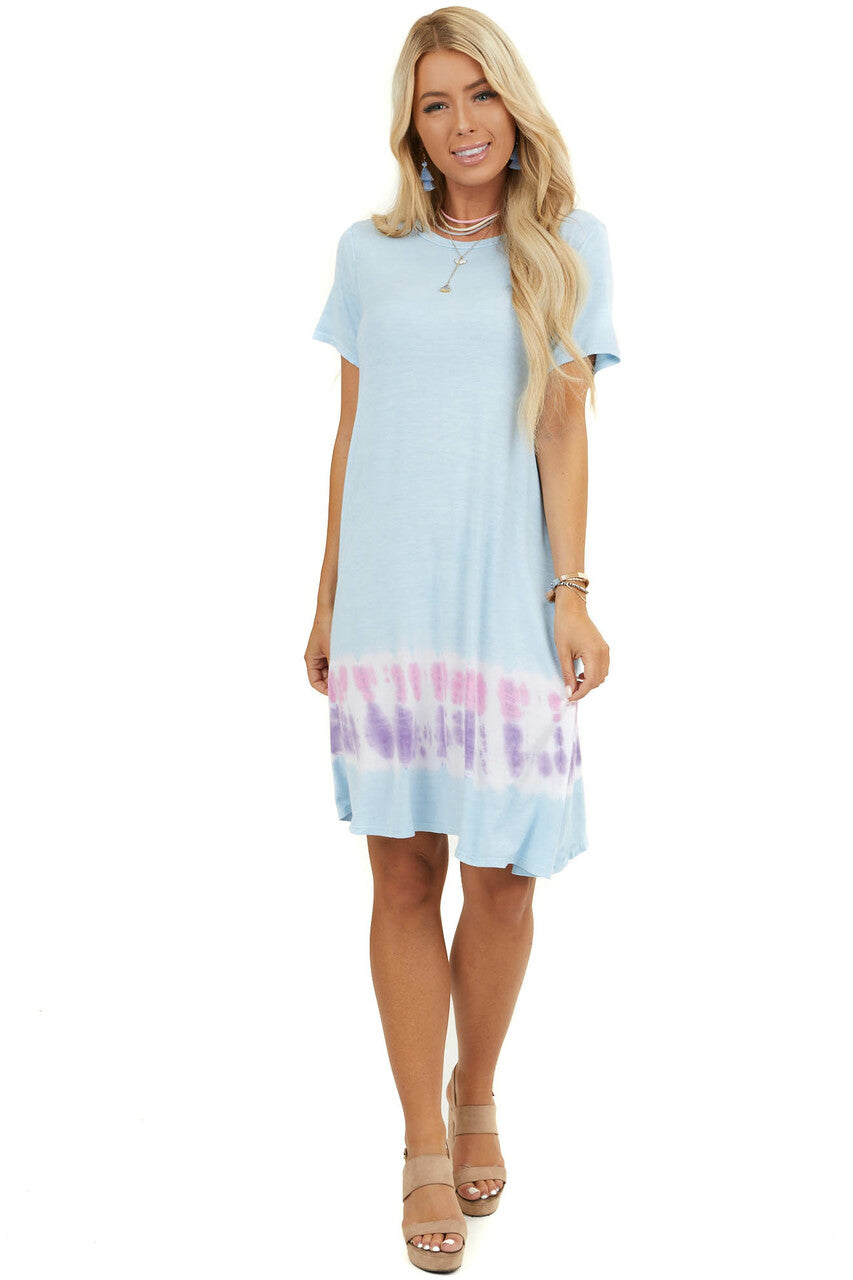 Baby Blue Tie Dye Short Sleeve Swing Knit Dress with Pockets 