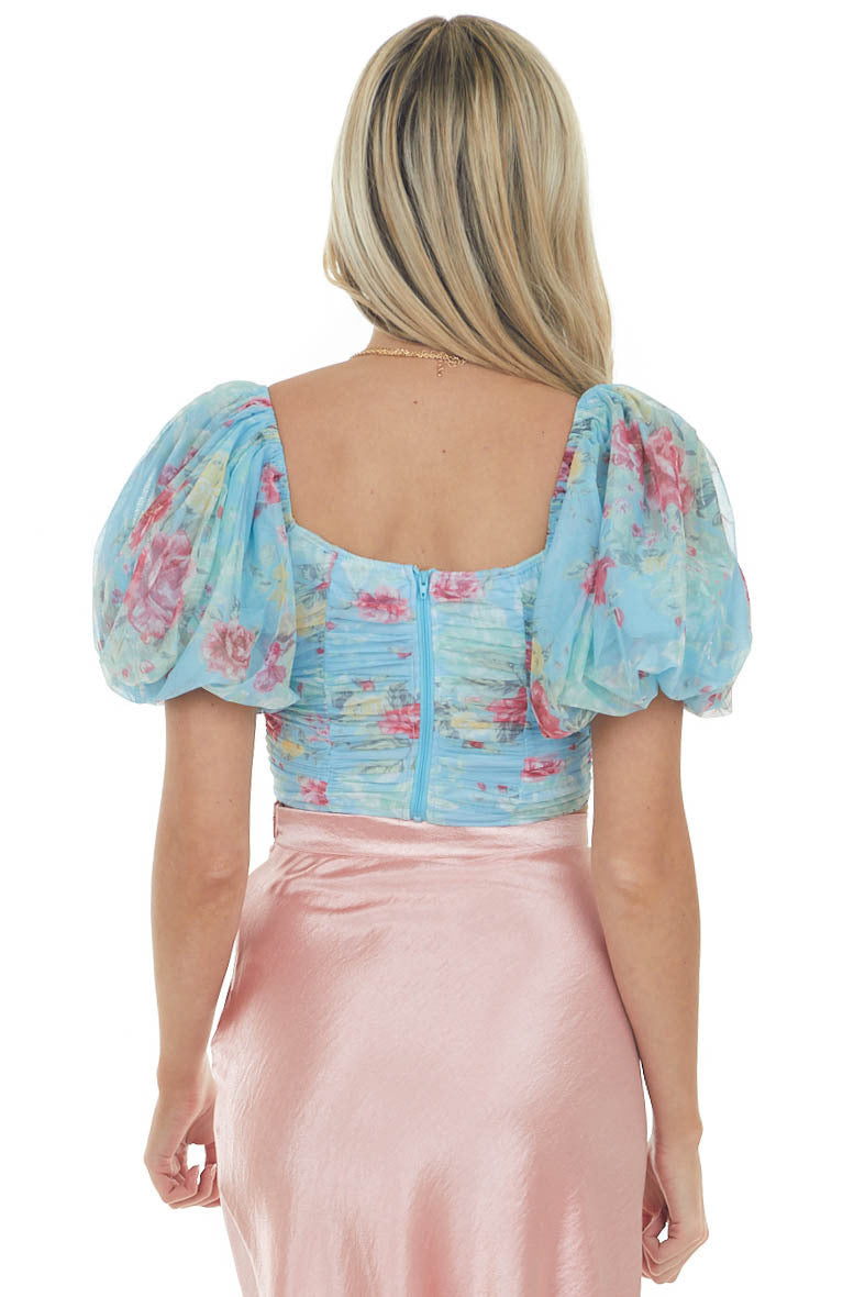 Baby Blue Floral Bubble Sleeve Ruched Crop Top 