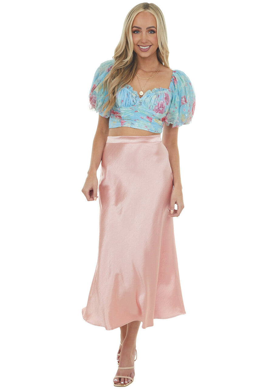 Baby Blue Floral Bubble Sleeve Ruched Crop Top 