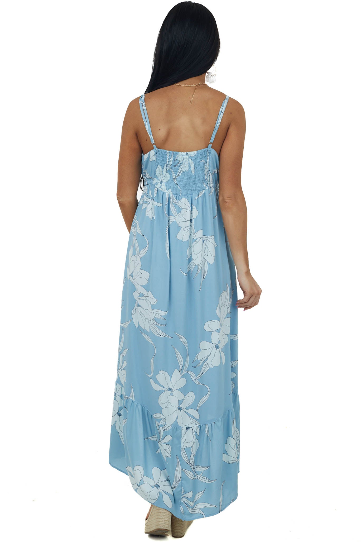Baby Blue Floral Print Sleeveless High Low Dress