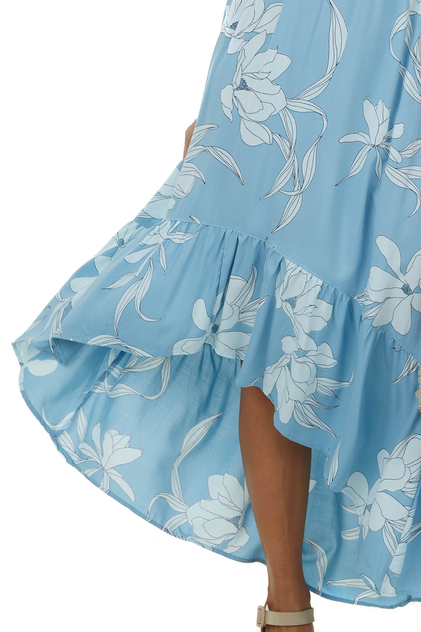 Baby Blue Floral Print Sleeveless High Low Dress