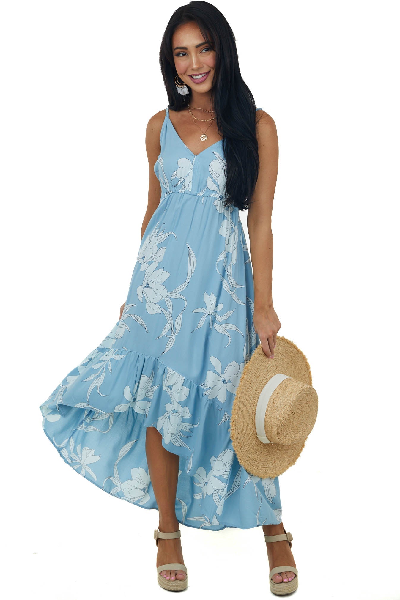 Baby Blue Floral Print Sleeveless High Low Dress