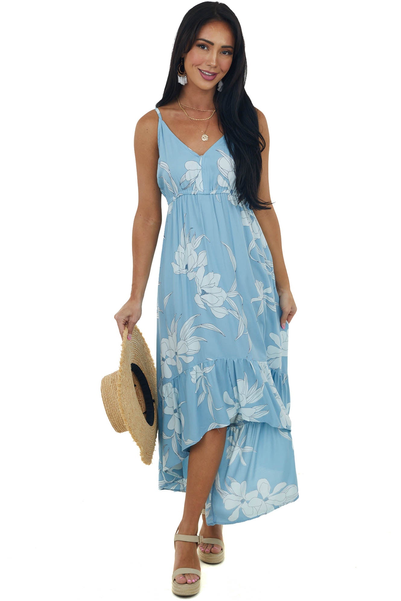 Baby Blue Floral Print Sleeveless High Low Dress