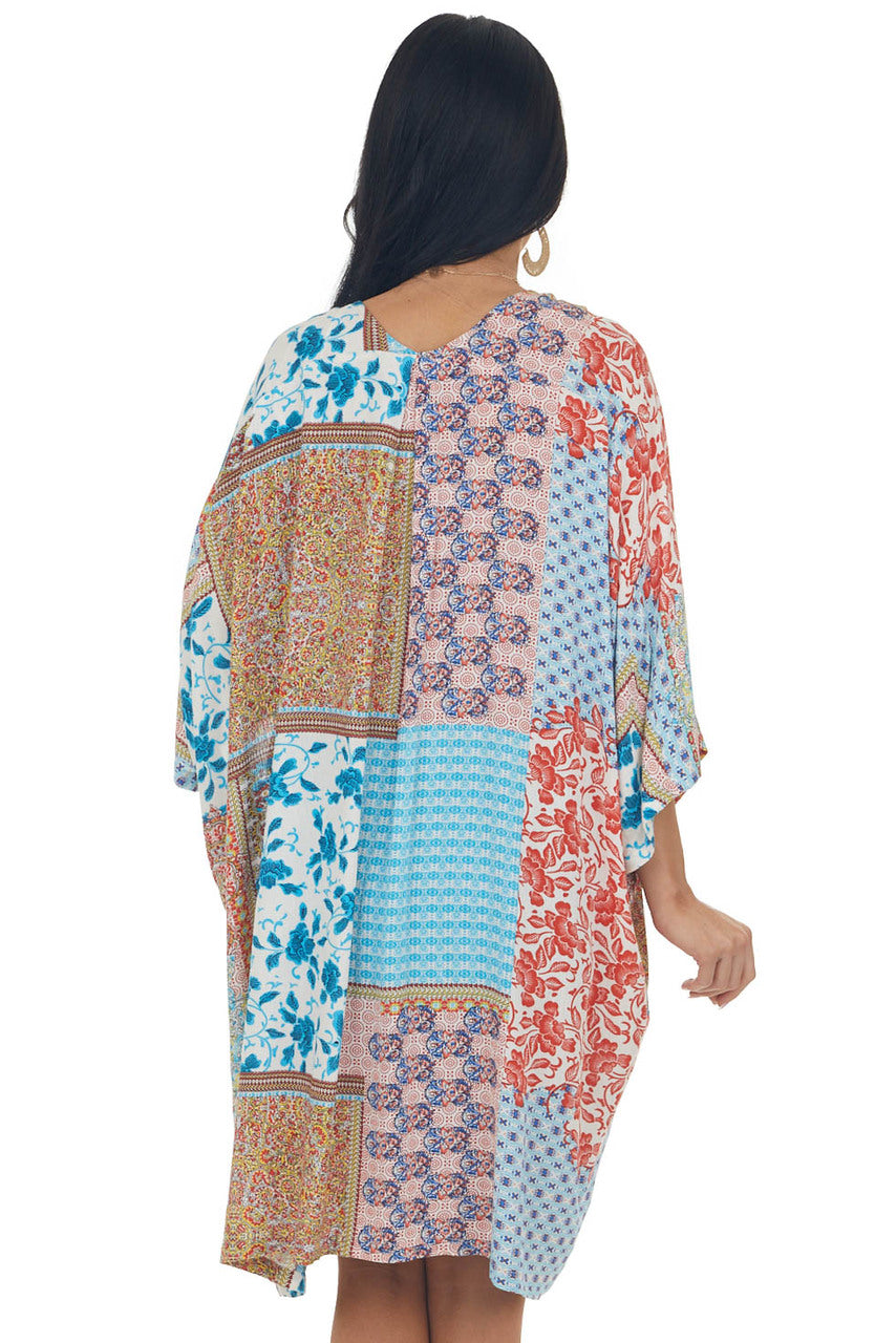 Baby Blue Multi Print Open Front Woven Kimono