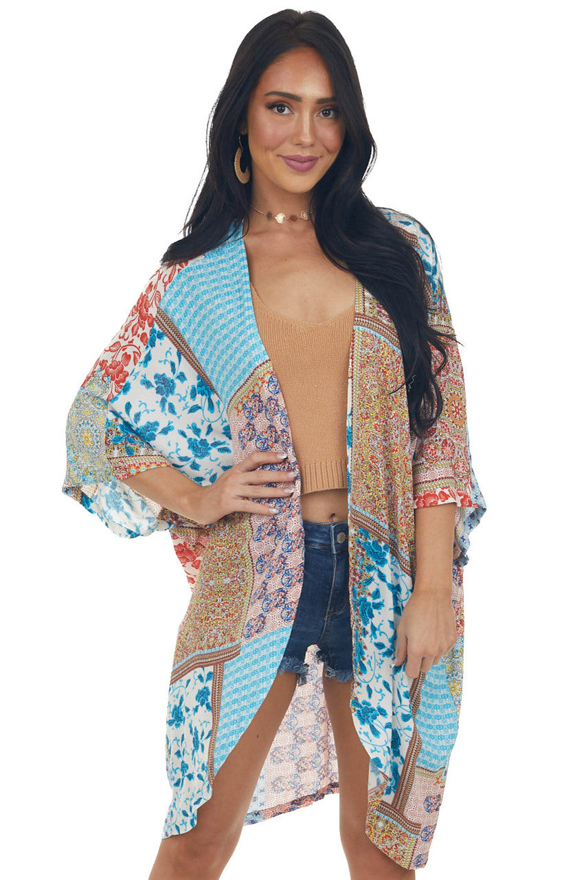 Baby Blue Multi Print Open Front Woven Kimono