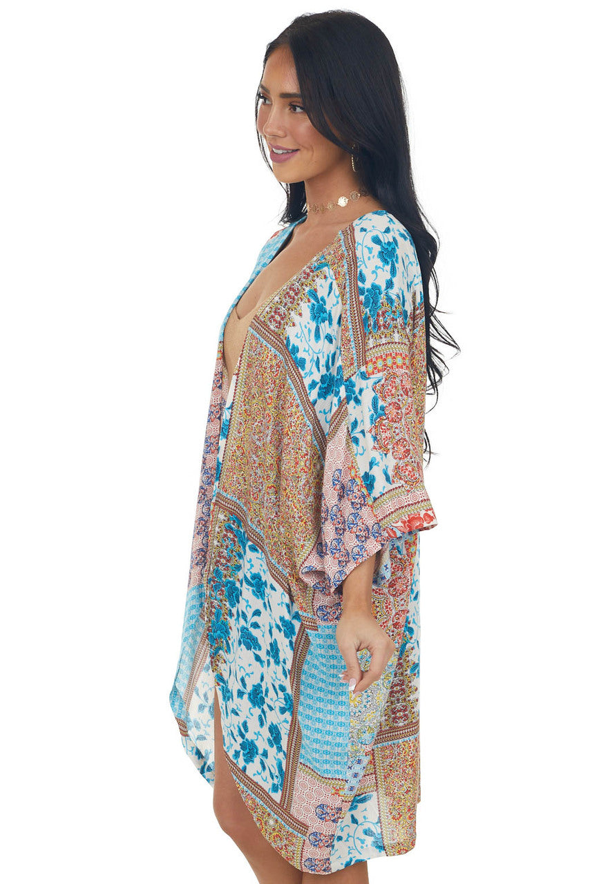 Baby Blue Multi Print Open Front Woven Kimono