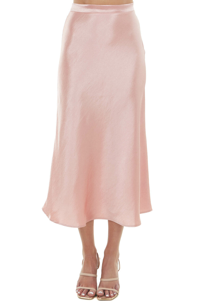 Baby Pink A-Line Satin Woven Midi Skirt 