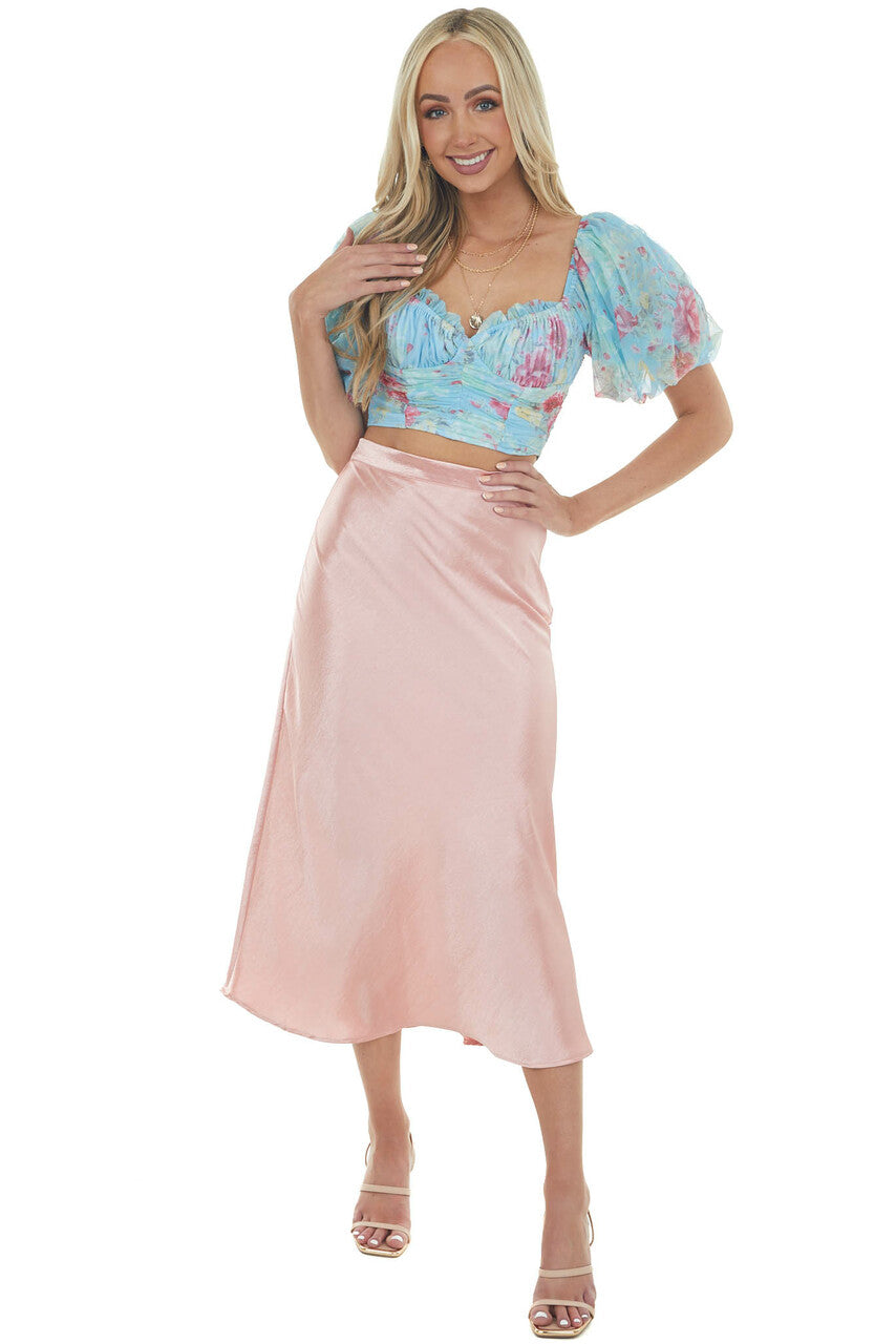 Baby Pink A-Line Satin Woven Midi Skirt 