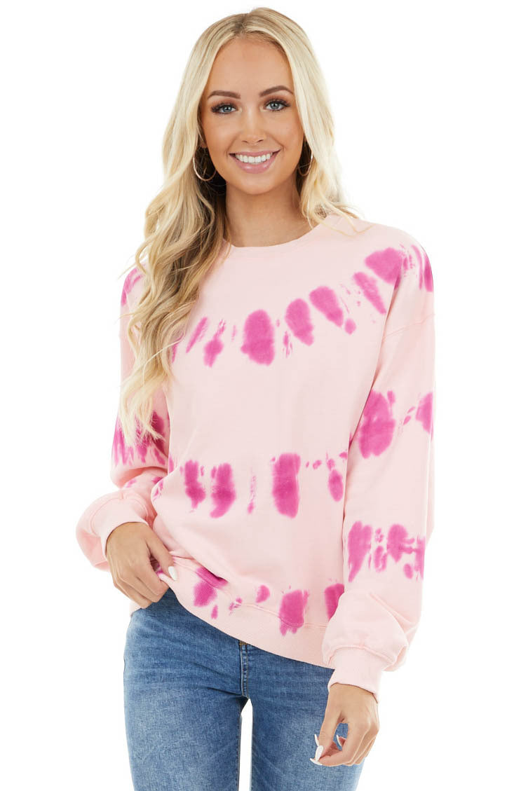 Baby Pink and Fuchsia Tie Dye Sweatshirt with Ribbed Detail