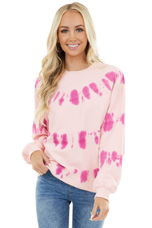 Baby Pink and Fuchsia Tie Dye Sweatshirt with Ribbed Detail
