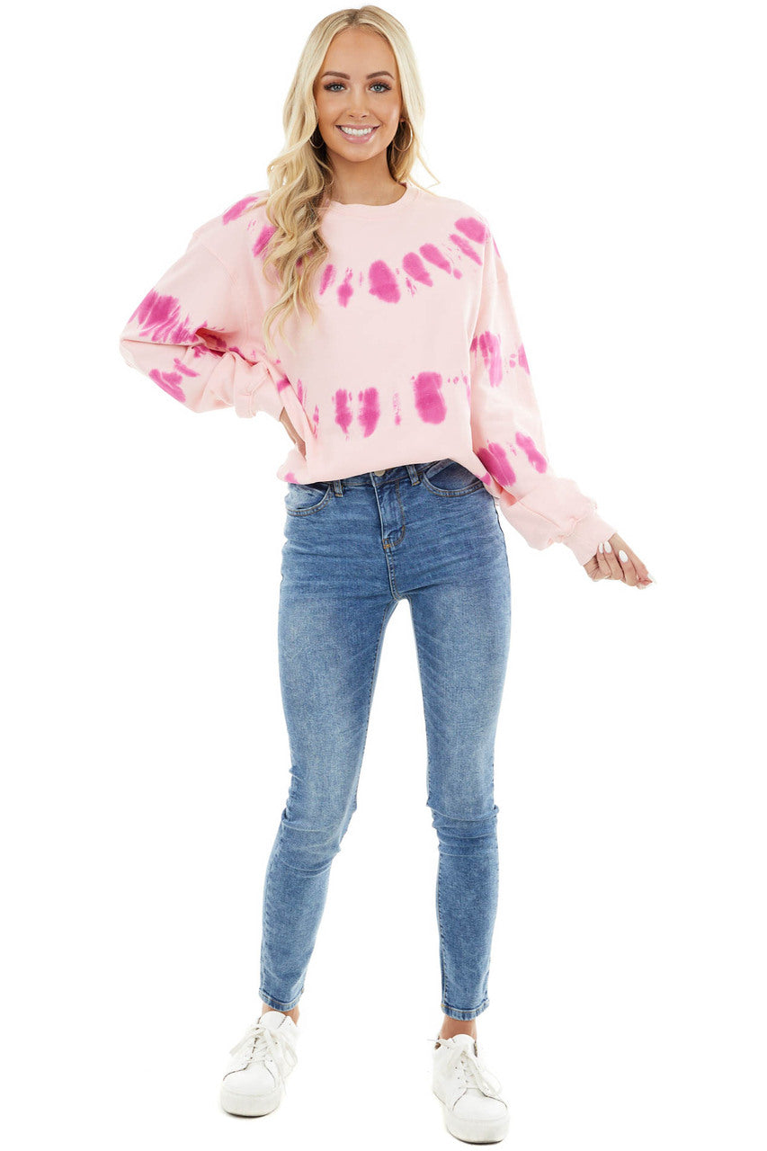 Baby Pink and Fuchsia Tie Dye Sweatshirt with Ribbed Detail