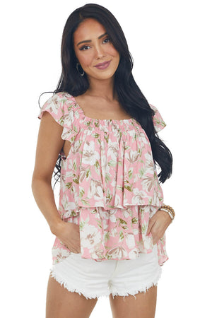 Baby Pink Floral Print Ruffle Tiered Woven Top 