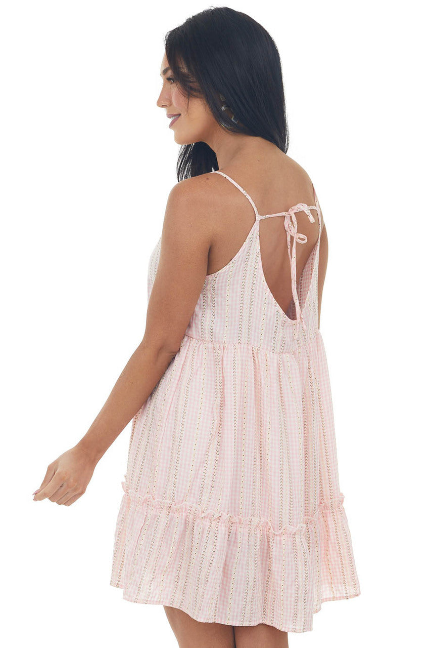 Baby Pink Gingham Stripe Print Tiered Dress