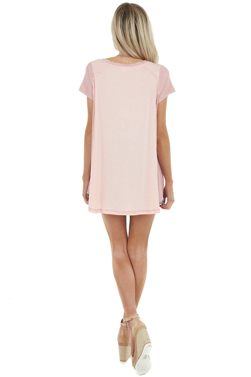Baby Pink Short Sleeve Knit Top with Dusty Blush Contrast
