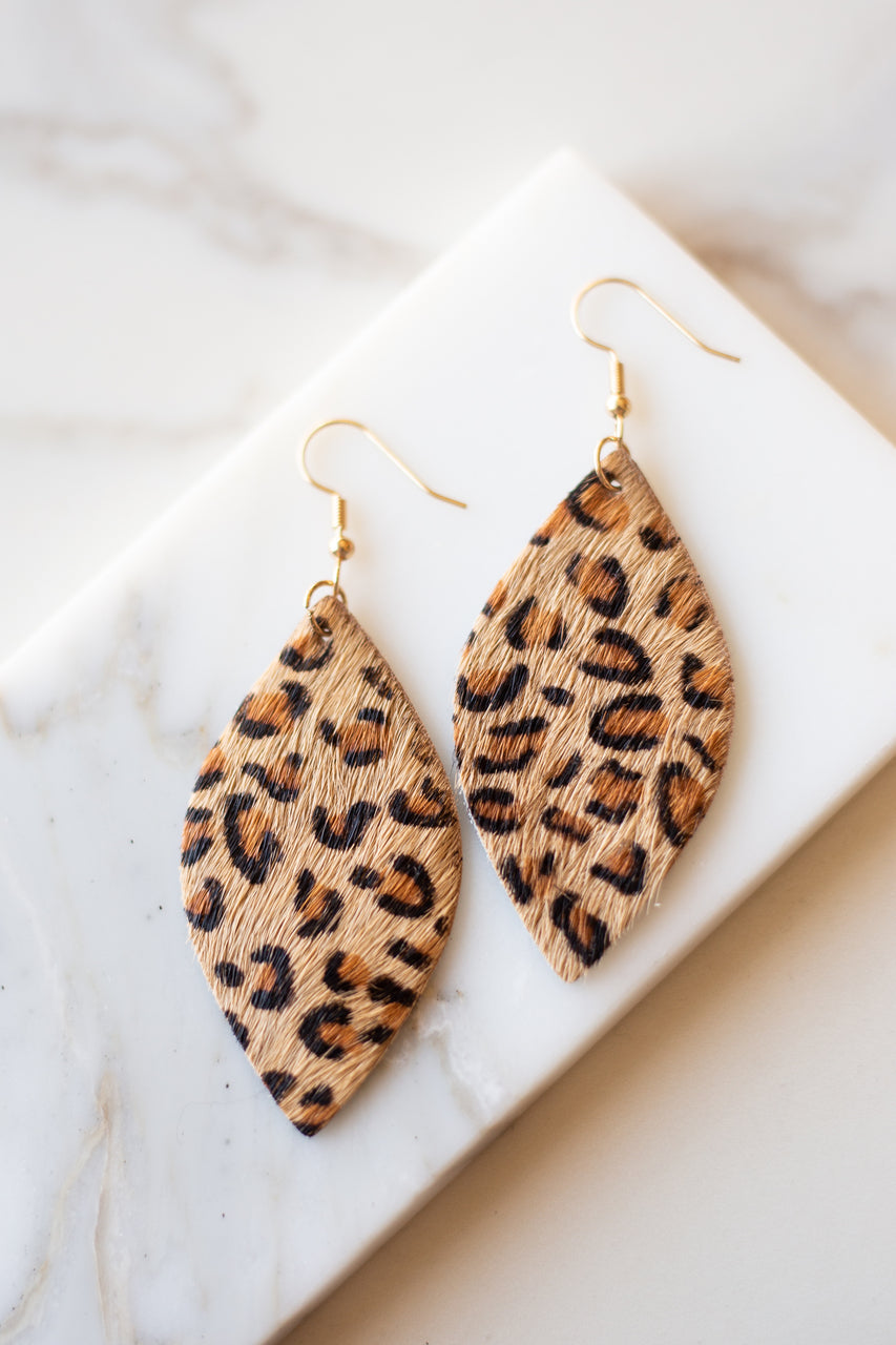Beige and Caramel Leopard Print Faux Fur Dangle Earrings