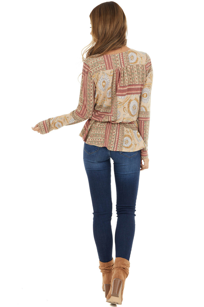 Beige and Marsala Surplice Drop Waist Long Sleeve Top