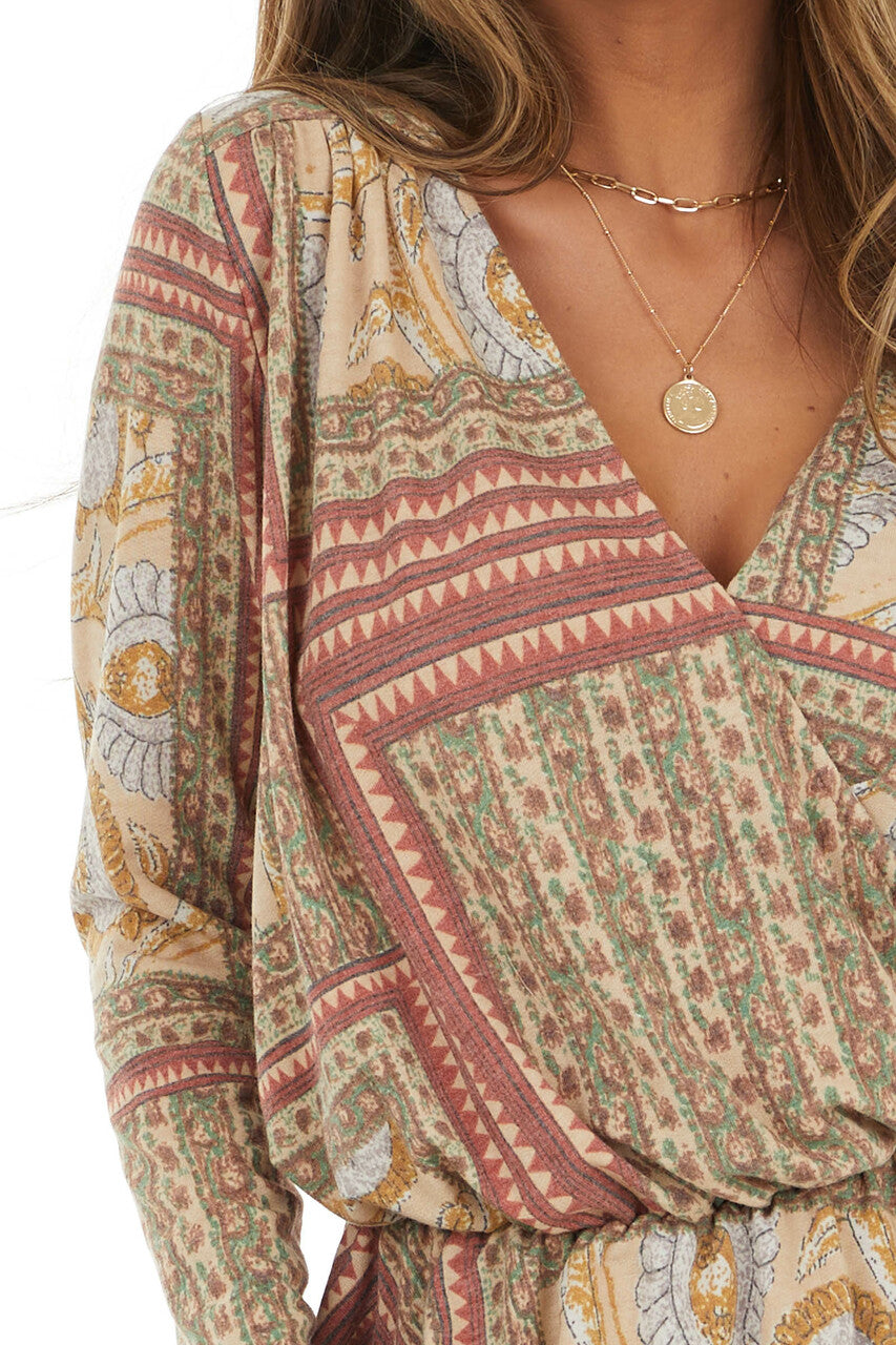 Beige and Marsala Surplice Drop Waist Long Sleeve Top