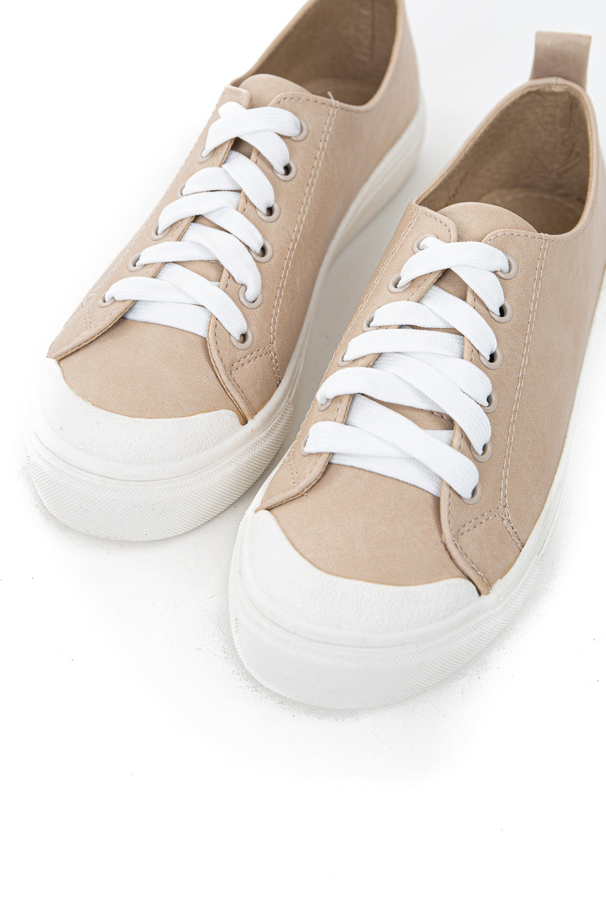 Beige Faux Leather Sneakers with White Laces and Rubber Sole
