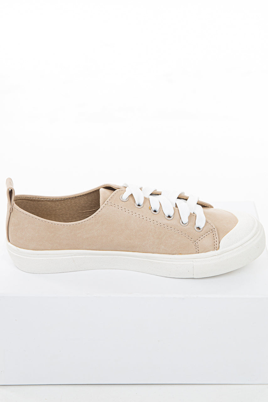 Beige Faux Leather Sneakers with White Laces and Rubber Sole