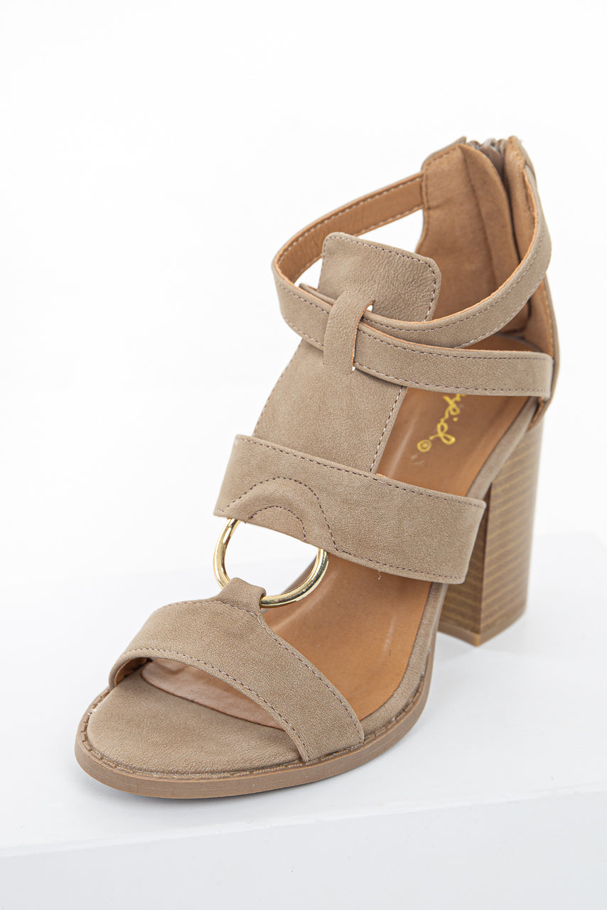 Beige Faux Leather Strappy High Heel with Gold Ring Detail