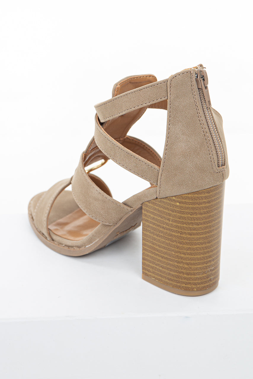 Beige Faux Leather Strappy High Heel with Gold Ring Detail