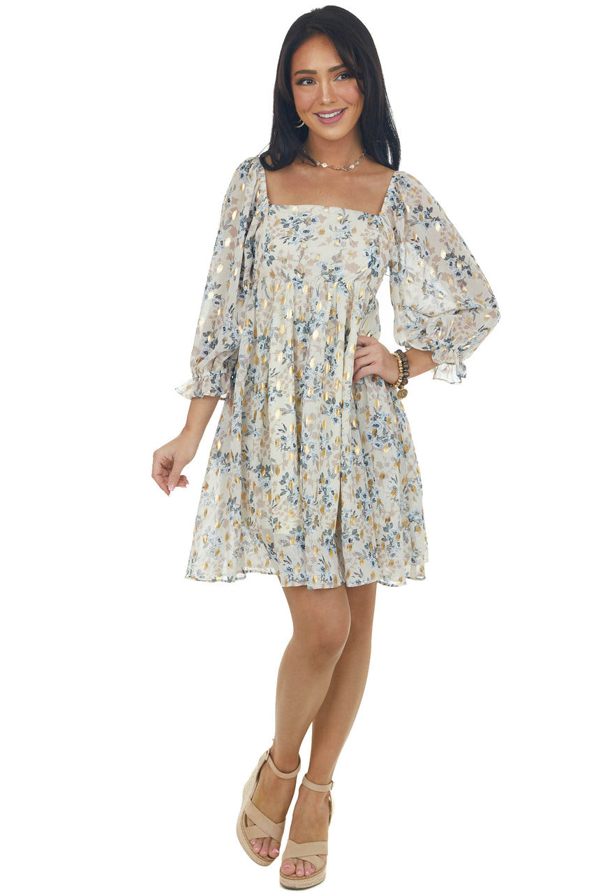 Beige Floral Metallic Print Babydoll Dress