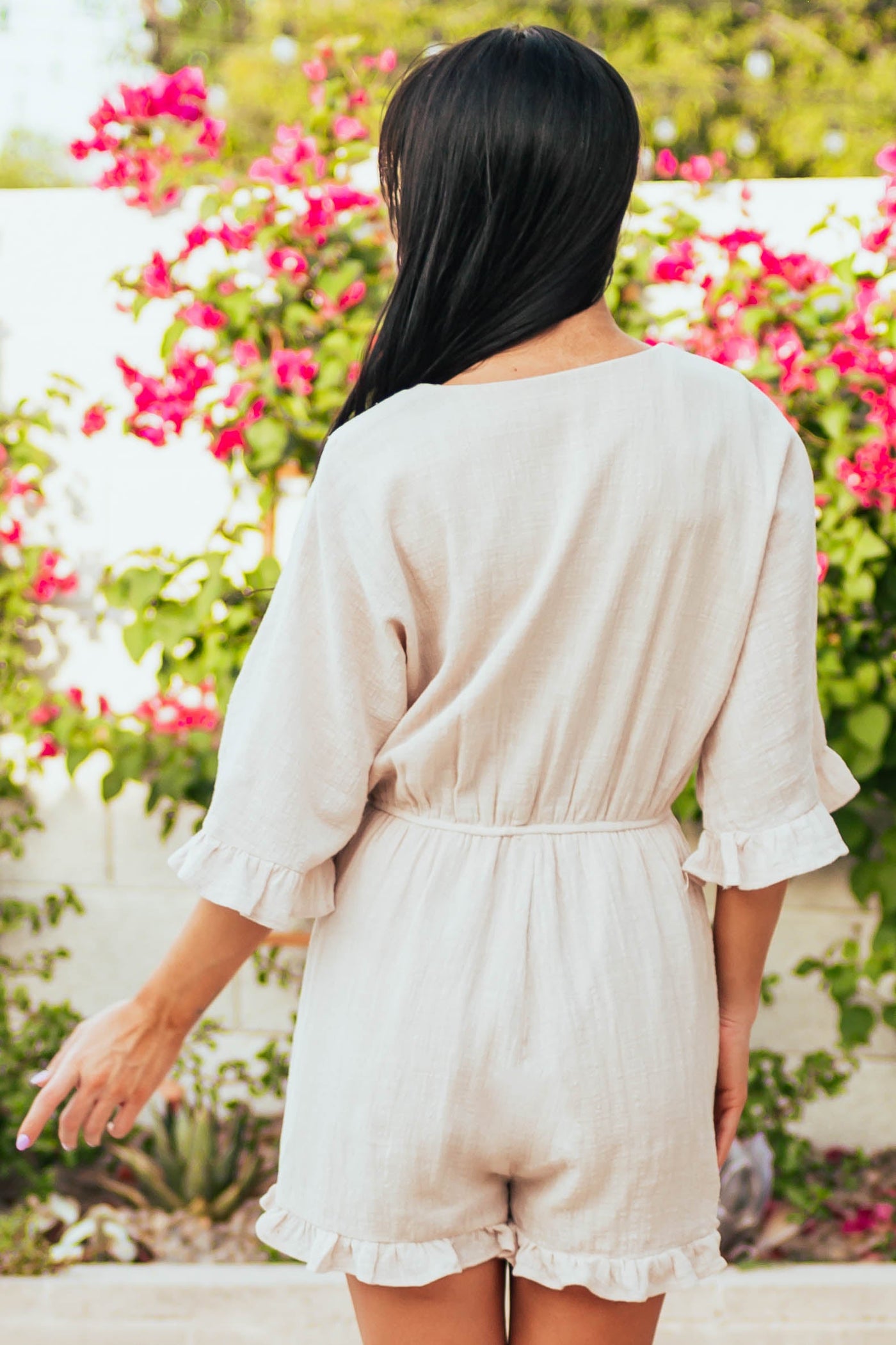 Beige Half Sleeve Ruffle Detail Woven Romper