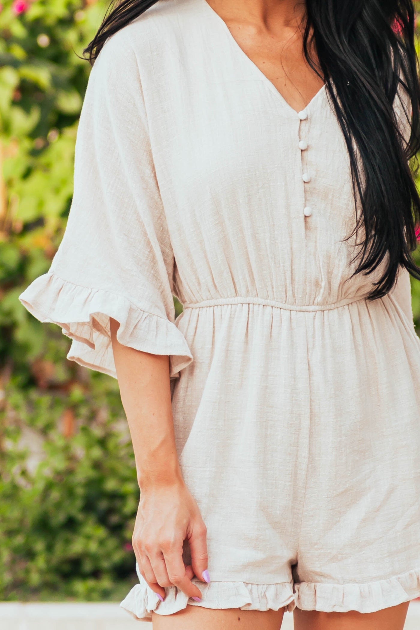 Beige Half Sleeve Ruffle Detail Woven Romper