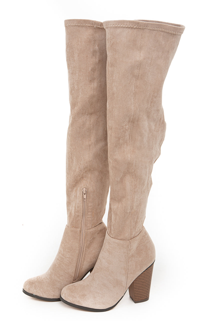 Beige Knee High Boots with Side Zipper and Chunky Heel