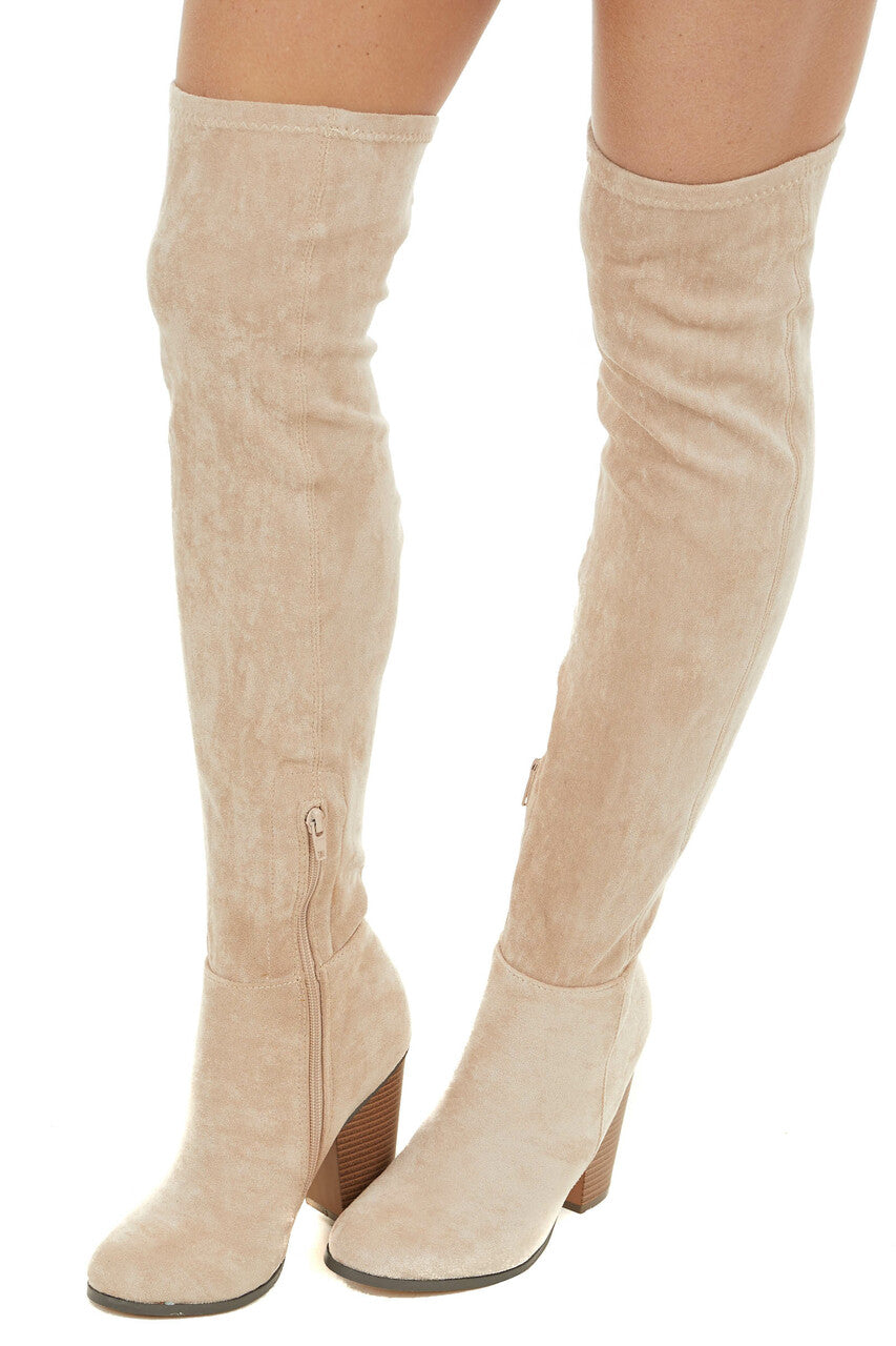 Beige Knee High Boots with Side Zipper and Chunky Heel