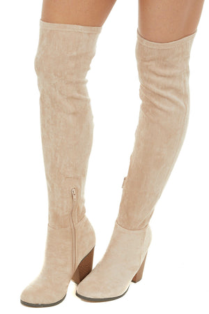 Beige Knee High Boots with Side Zipper and Chunky Heel