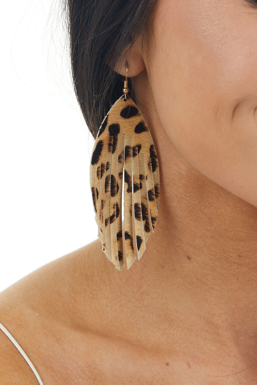 Beige Leopard Print Faux Fur Feather Earrings with Slits 