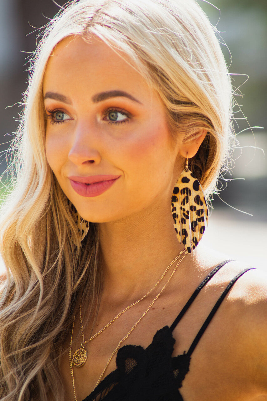 Beige Leopard Print Faux Fur Feather Earrings with Slits 