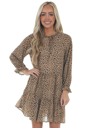 Beige Leopard Print Long Sleeve Ruffle Dress 