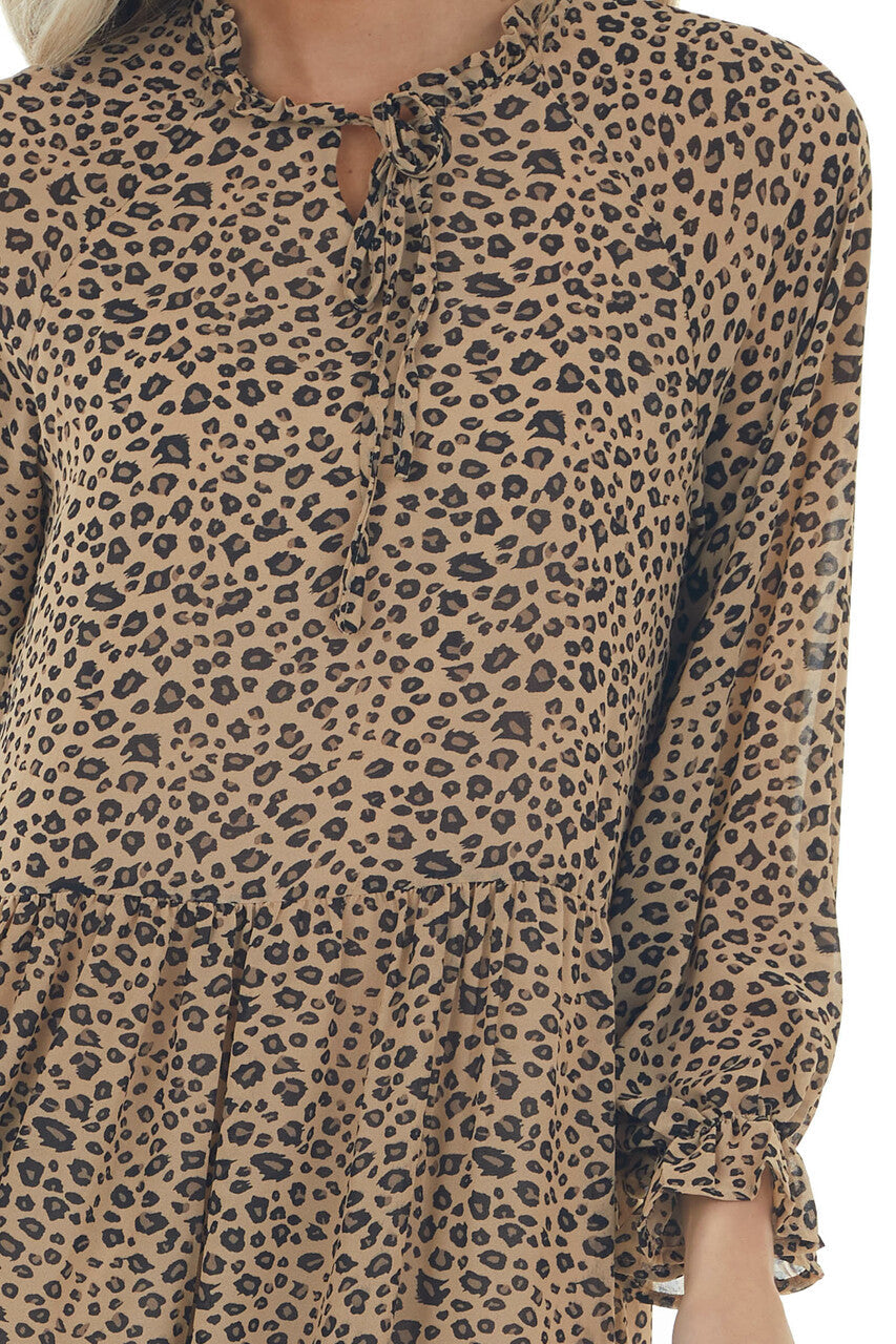 Beige Leopard Print Long Sleeve Ruffle Dress 