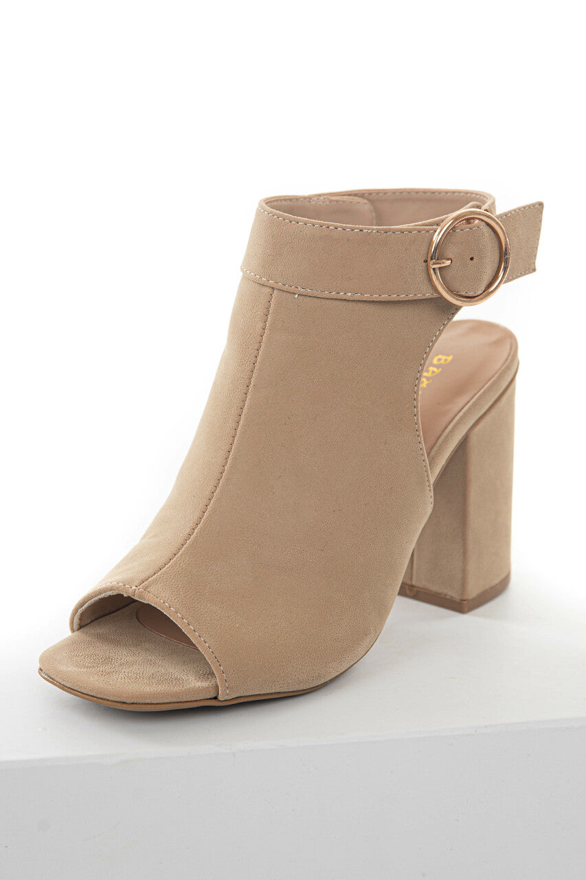 Beige Nubuck Suede Open Toe Heeled Booties