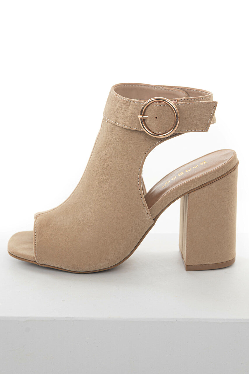 Beige Nubuck Suede Open Toe Heeled Booties