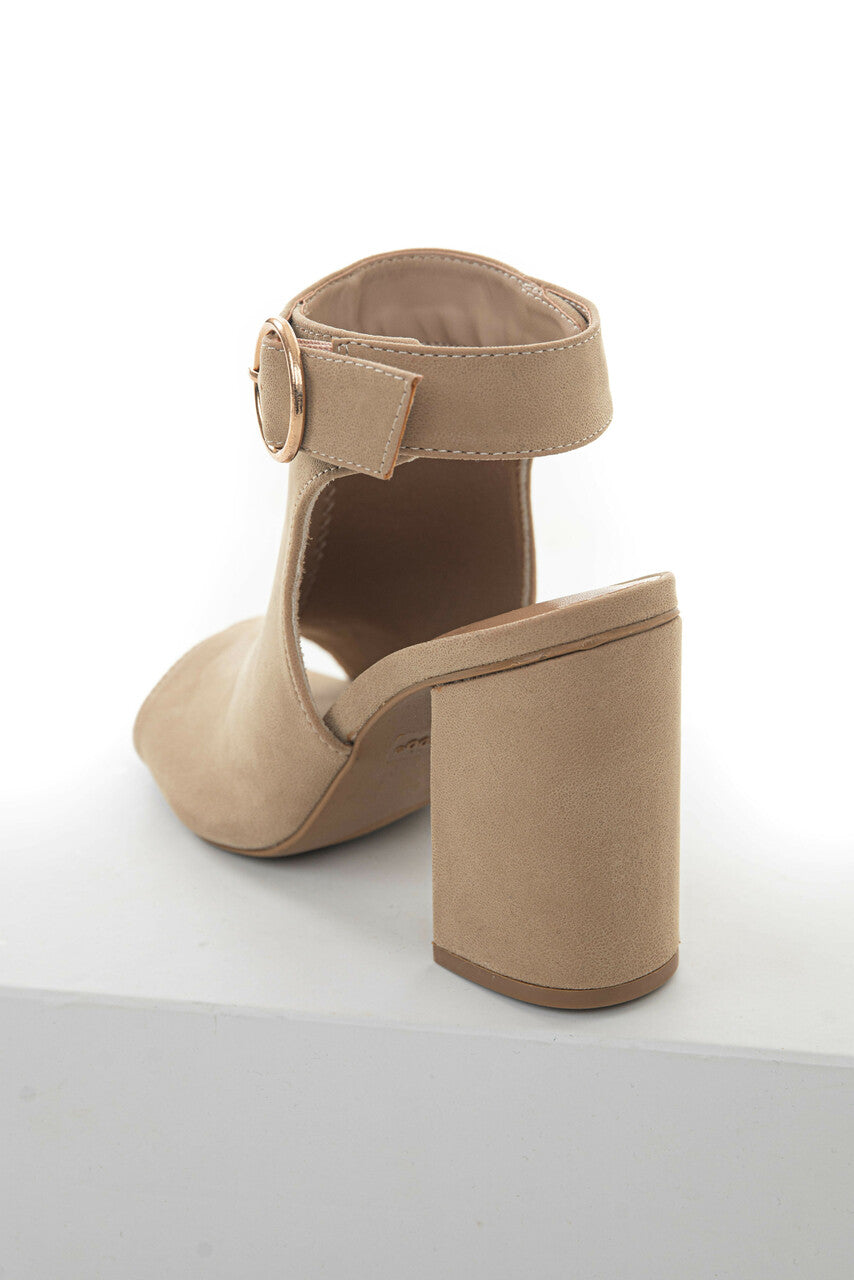 Beige Nubuck Suede Open Toe Heeled Booties