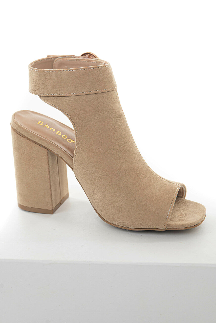 Beige Nubuck Suede Open Toe Heeled Booties