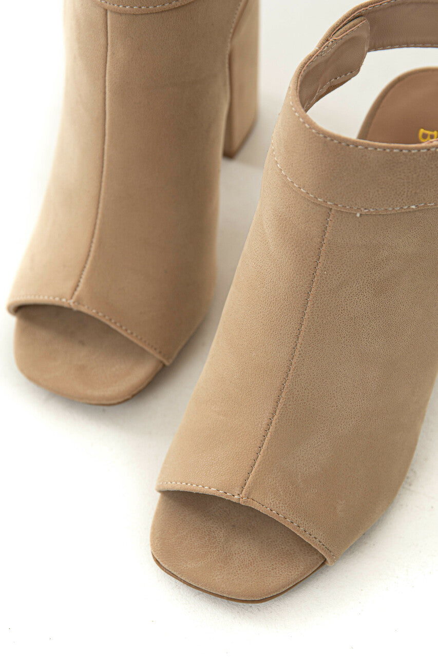 Beige Nubuck Suede Open Toe Heeled Booties