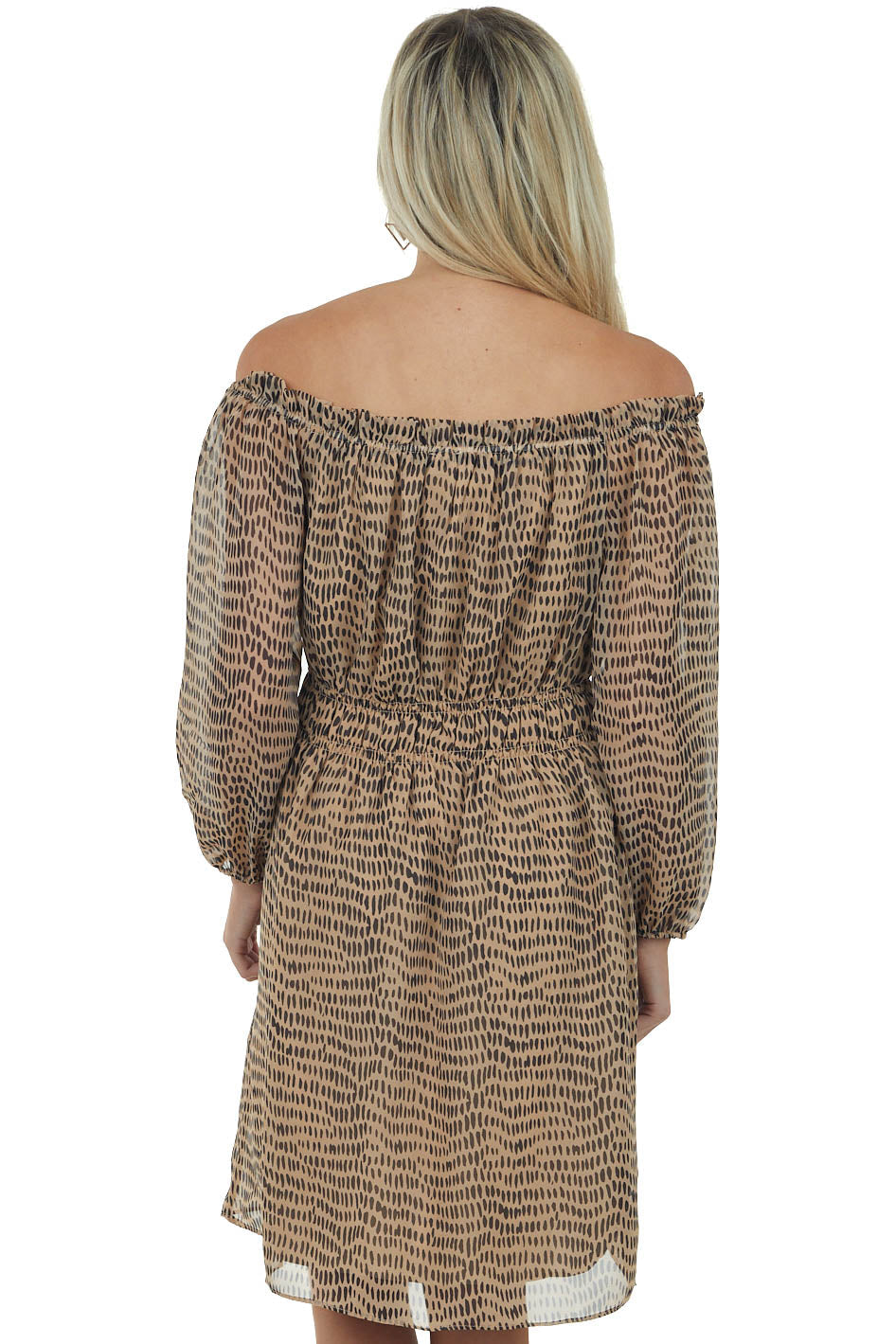 Beige Printed Off Shoulder Short Dress