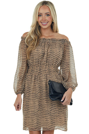 Beige Printed Off Shoulder Short Dress