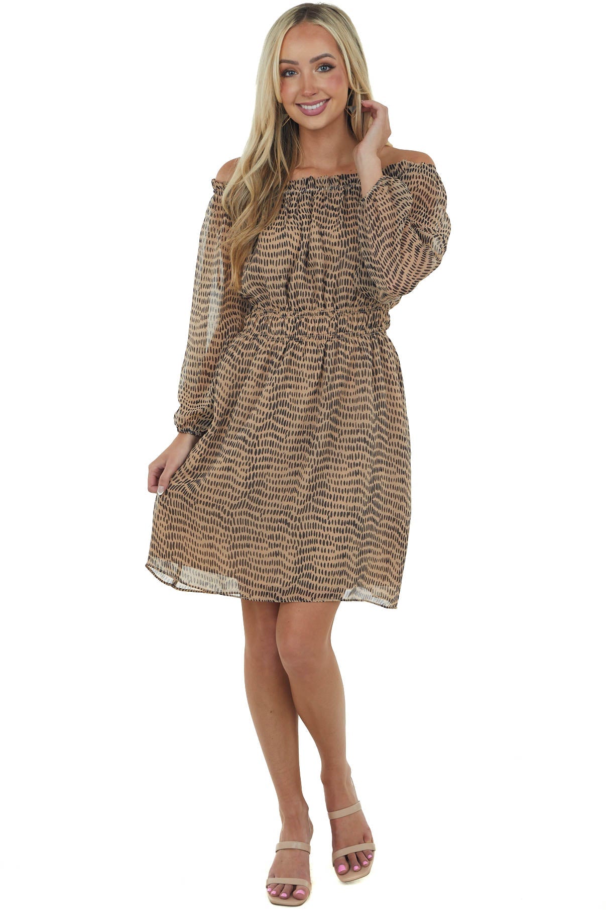 Beige Printed Off Shoulder Short Dress