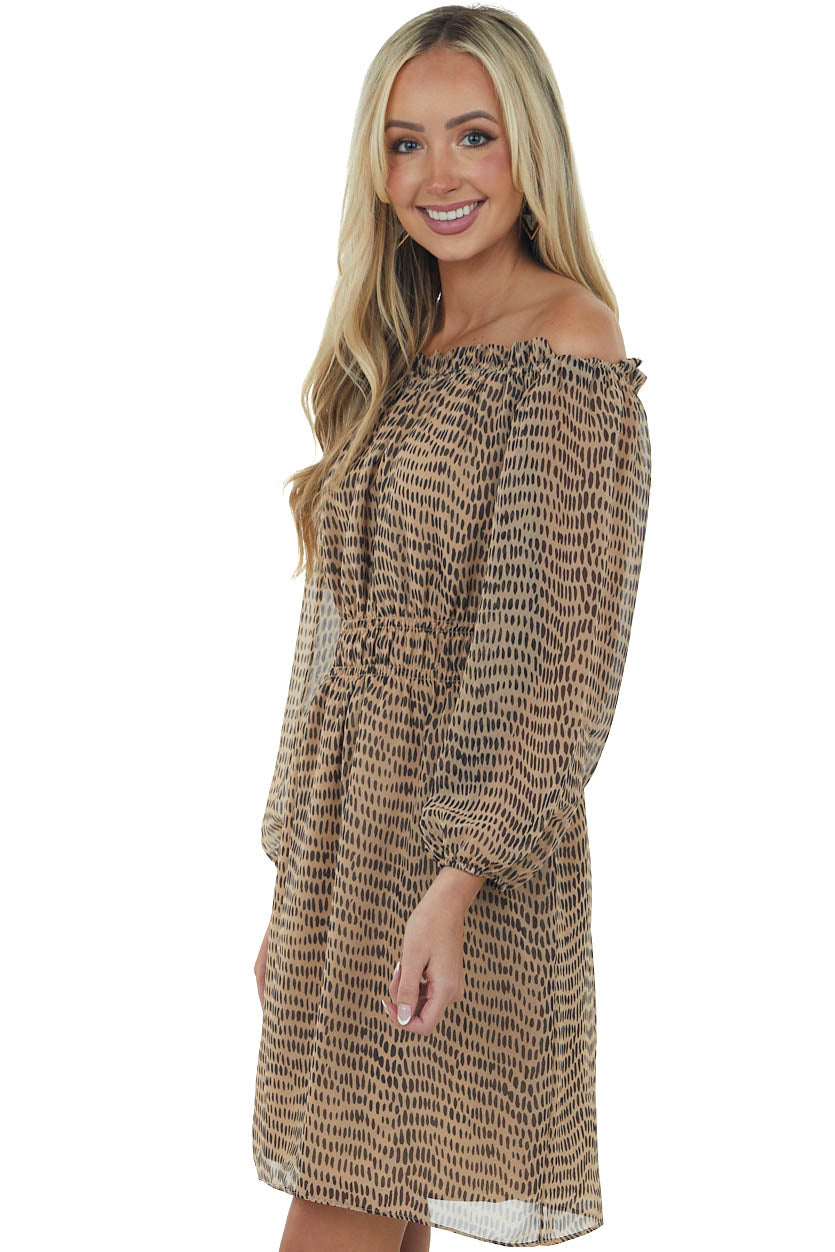 Beige Printed Off Shoulder Short Dress