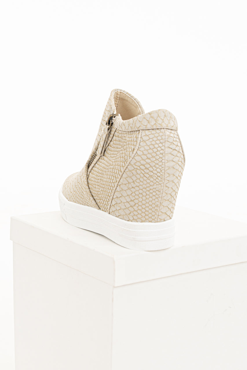 Beige Snakeskin Print Textured Wedge Sneaker with Zippers