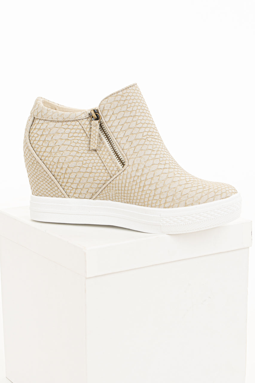 Beige Snakeskin Print Textured Wedge Sneaker with Zippers