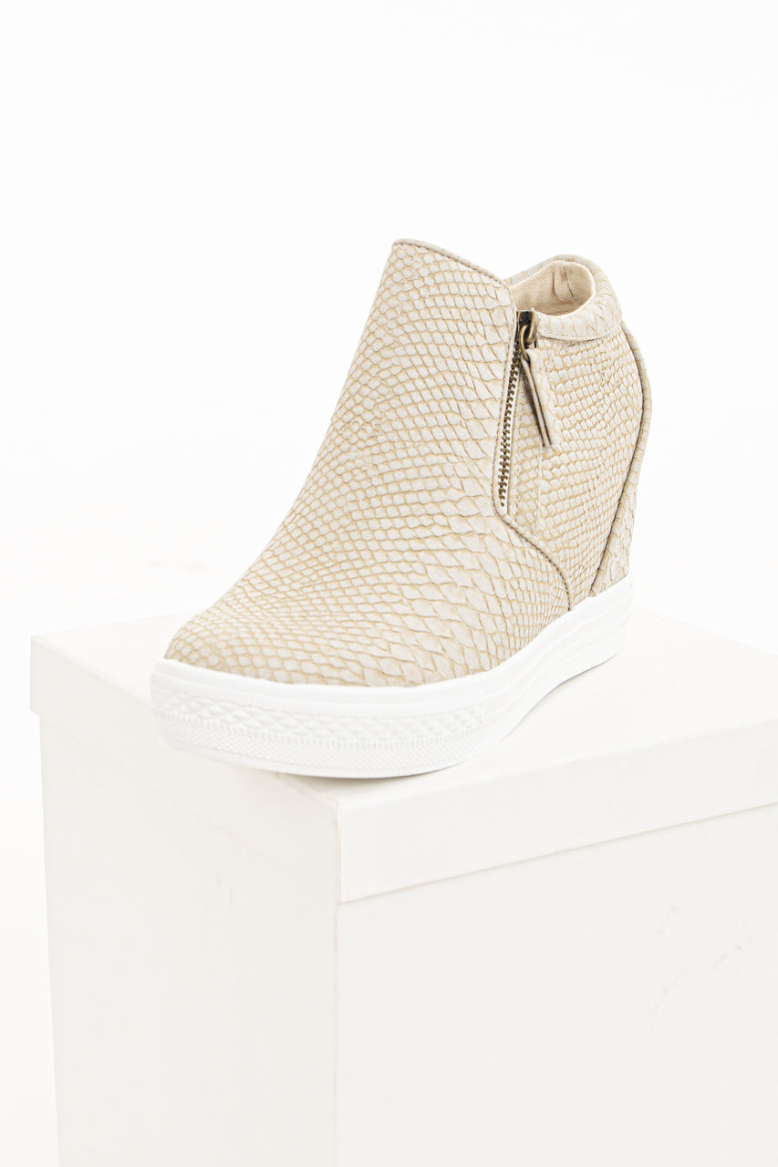 Beige Snakeskin Print Textured Wedge Sneaker with Zippers